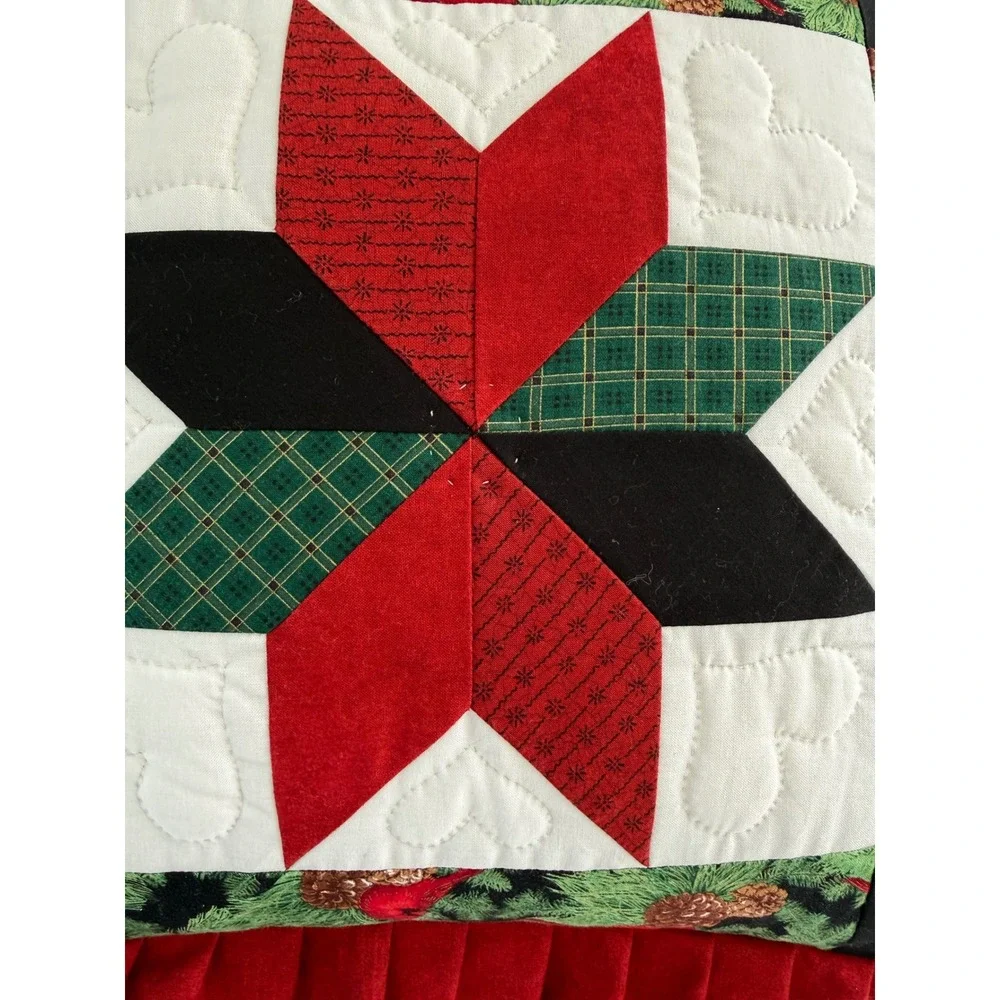 Handmade Quilted 8 Point Star Christmas Square Throw Pillow Cardinal Holiday